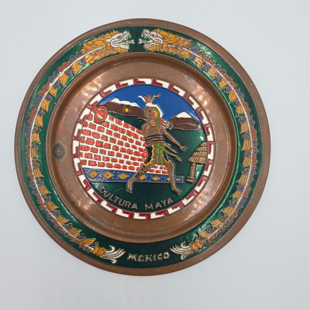 Vintage Mexico Copper/Brass Enamel Aztec‎ Cultura Maya Plate 8" Patina